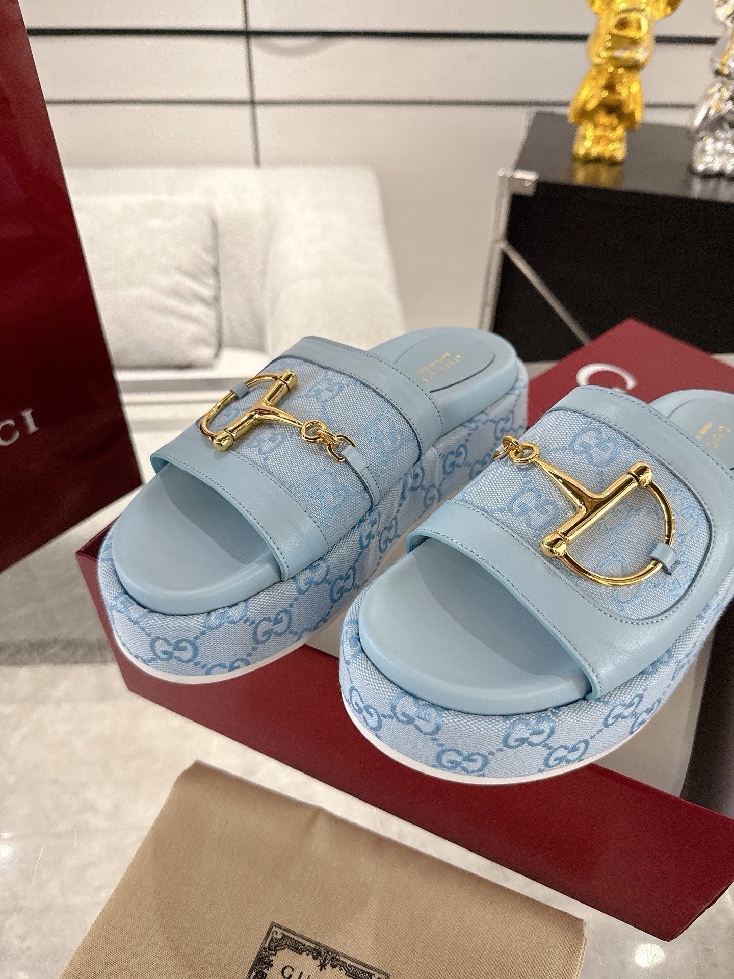 Chinelo Gucci Big D Half Horseclip Thick Bottom Blue