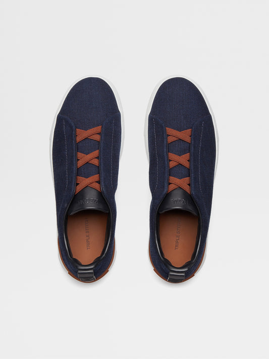 Tênis Casual Zegna Blue Cotton Denim Triple Stitch Sneakers