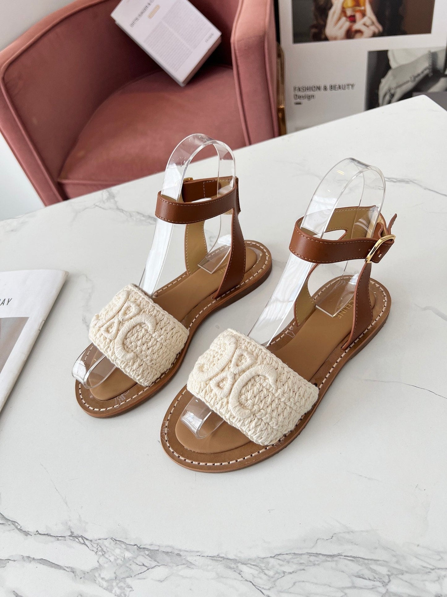 CELINE LYMPIA SANDAL in TRIOMPHE MACCRAMÉ COTTON & CALFSKIN