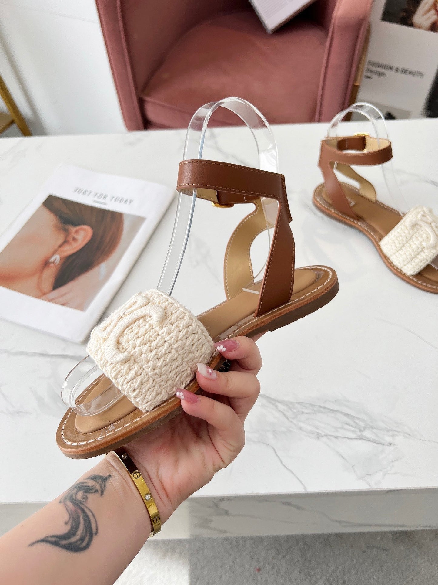 CELINE LYMPIA SANDAL in TRIOMPHE MACCRAMÉ COTTON & CALFSKIN