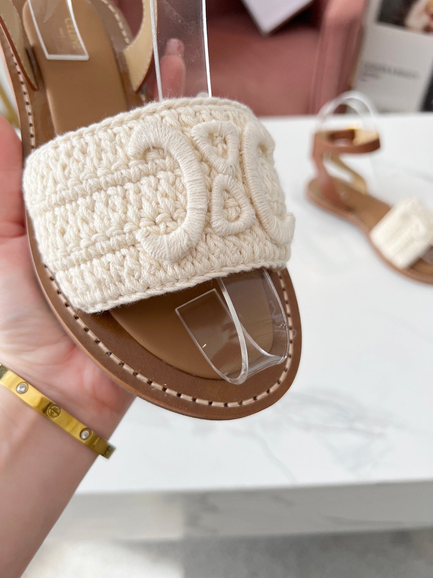 CELINE LYMPIA SANDAL in TRIOMPHE MACCRAMÉ COTTON & CALFSKIN