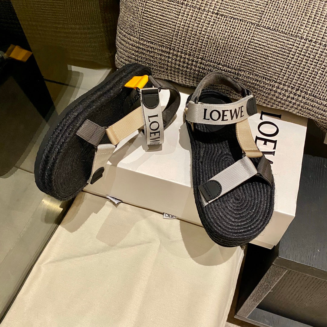 LOEWE Strappy Espadrille Sandals Unisex Nylon In Black/Beige
