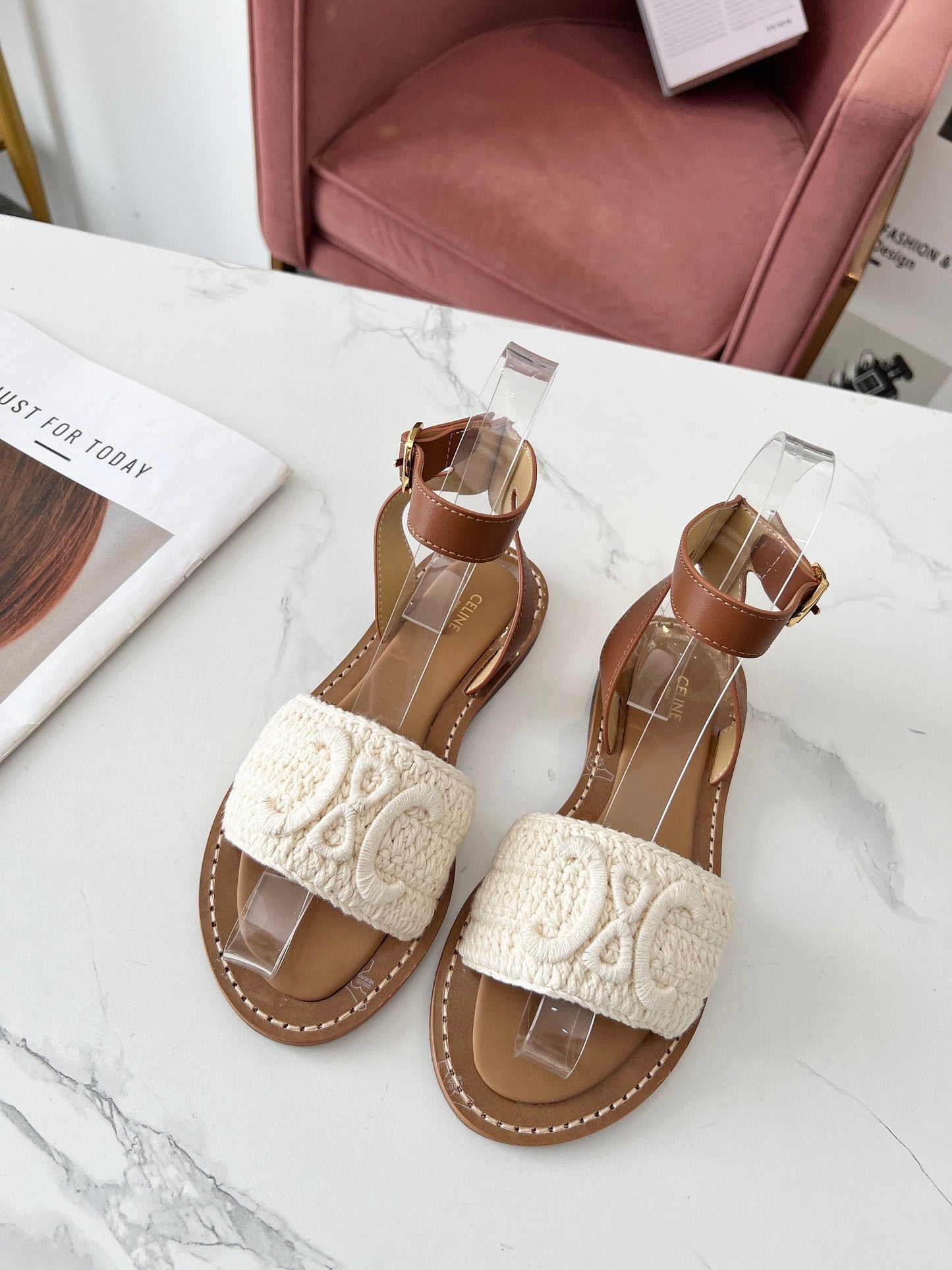CELINE LYMPIA SANDAL in TRIOMPHE MACCRAMÉ COTTON & CALFSKIN