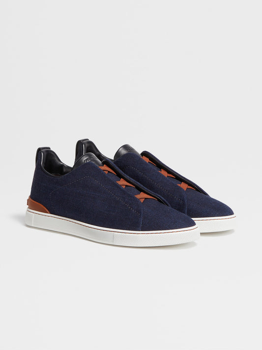 Tênis Casual Zegna Blue Cotton Denim Triple Stitch Sneakers