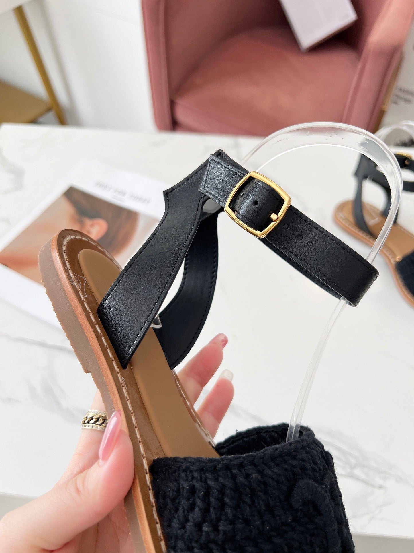 CELINE LYMPIA SANDAL in TRIOMPHE MACCRAMÉ COTTON & CALFSKIN