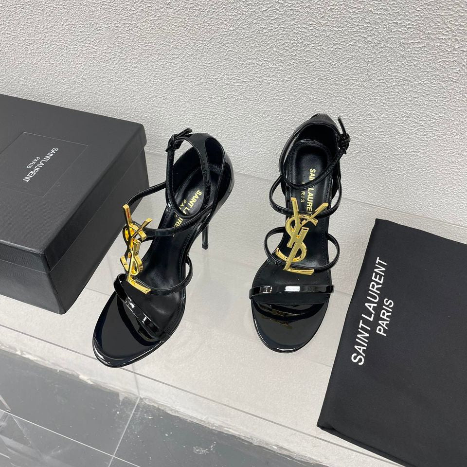 Saint Laurent Cassandra Sandal Heels Gold Patent Leather