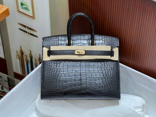 Bolsa Hermes Birkin 25cm porosus crocodile CC89 Noir gold