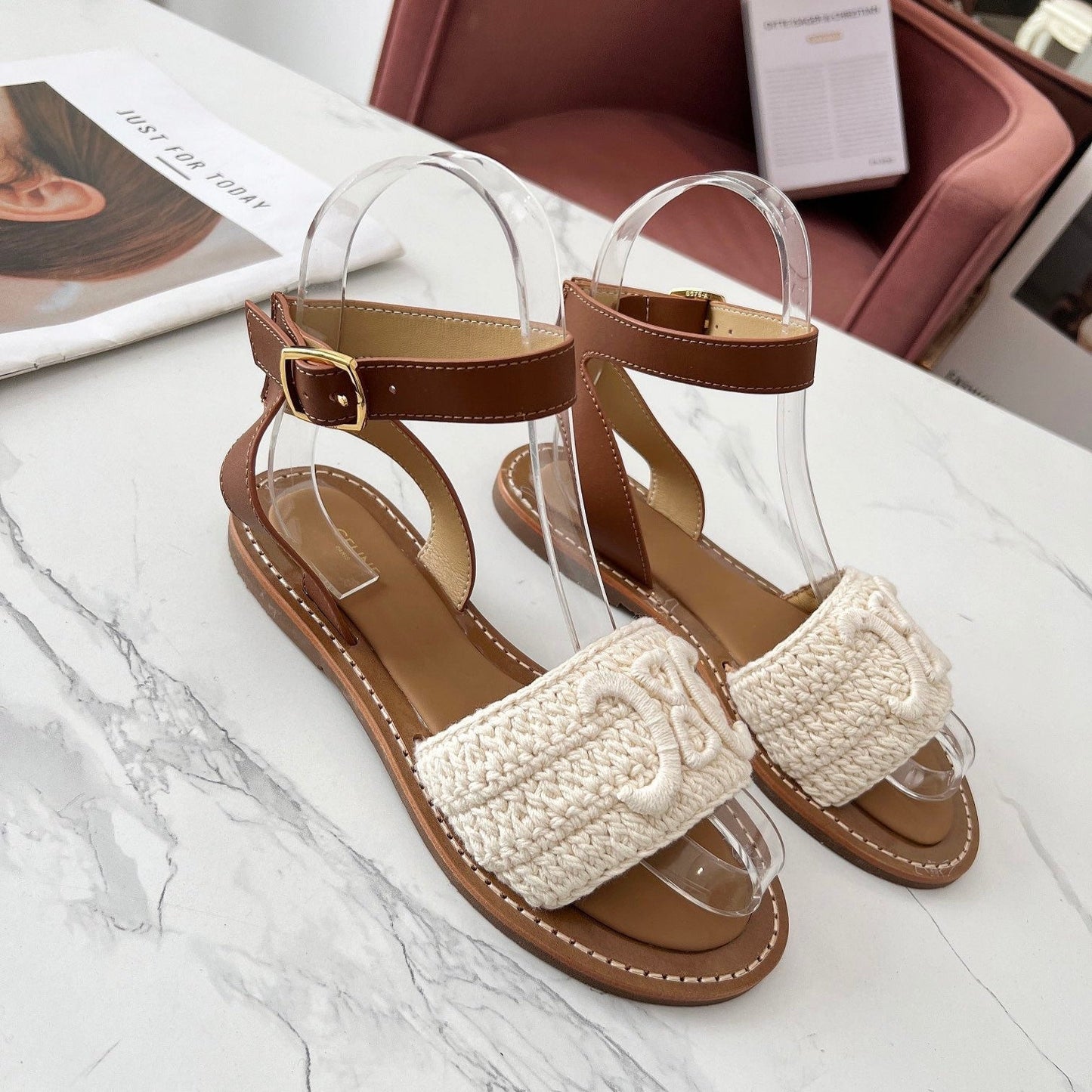CELINE LYMPIA SANDAL in TRIOMPHE MACCRAMÉ COTTON & CALFSKIN