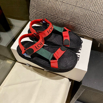 LOEWE Strappy Espadrille Sandals Unisex Nylon In Red/Green