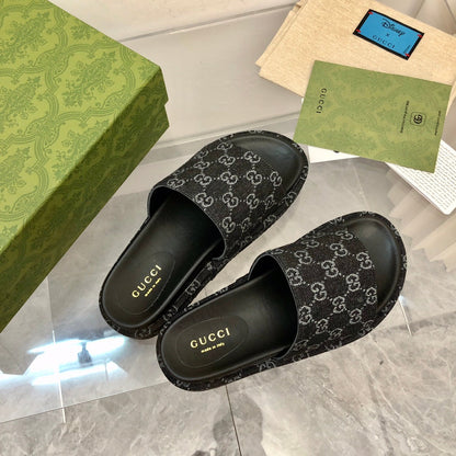 Gucci Angelina Platform 55 mm Sandal Black Jacquard Denim