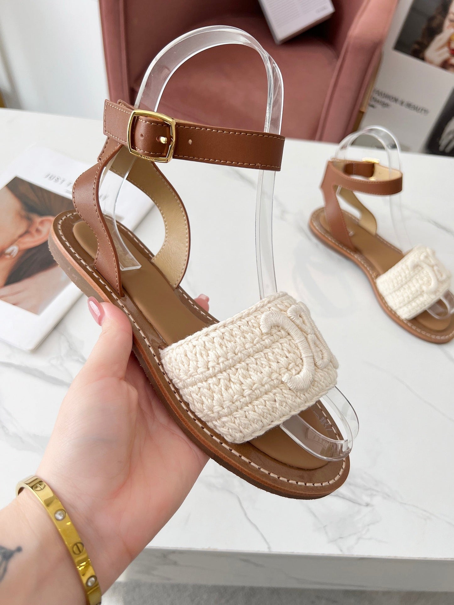 CELINE LYMPIA SANDAL in TRIOMPHE MACCRAMÉ COTTON & CALFSKIN