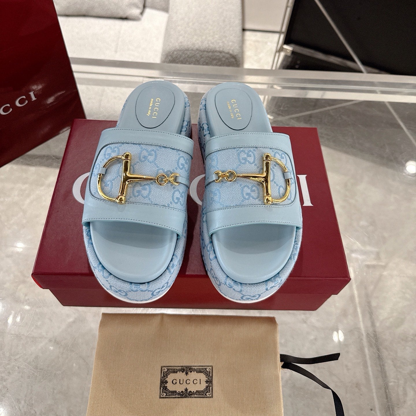 Chinelo Gucci Big D Half Horseclip Thick Bottom Blue