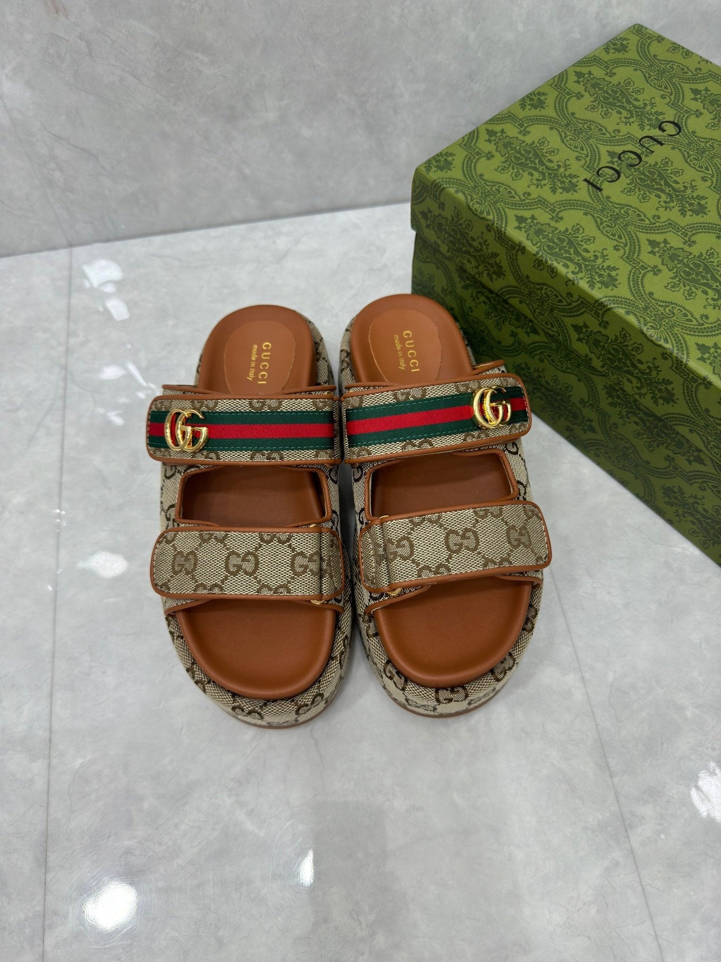 Sandália GG Plataforma Slider com Double Bege