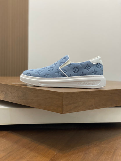 Louis Vuitton Men's Blue Suede Monogrammed Slip-On Sneaker