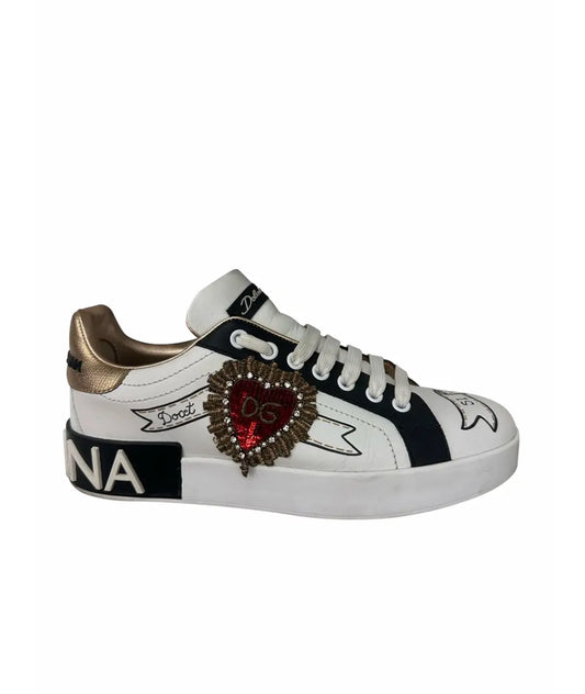 Dolce & Gabbana Portofino Graffiti-Print Sneakers Gold