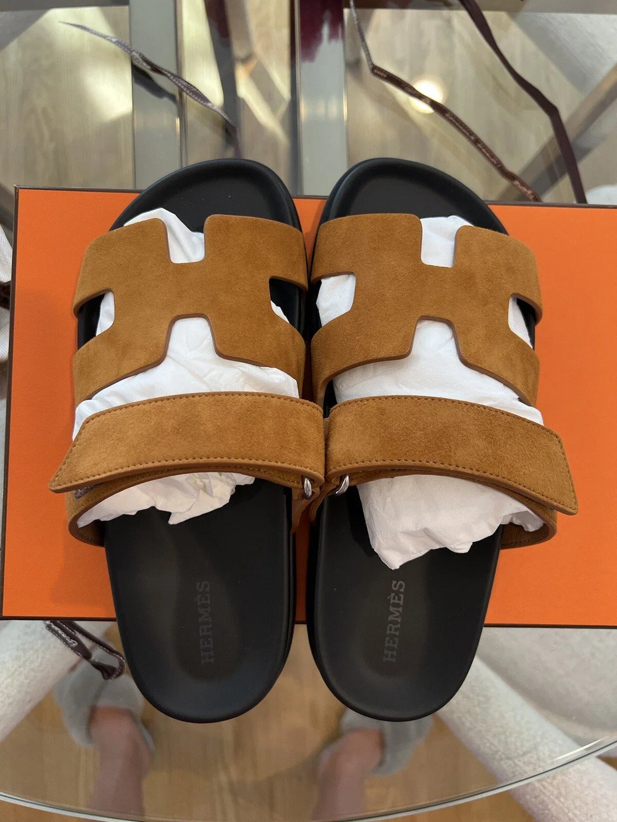 Hermes Chypre Sandal Noir Calfskin Leather Black Orange